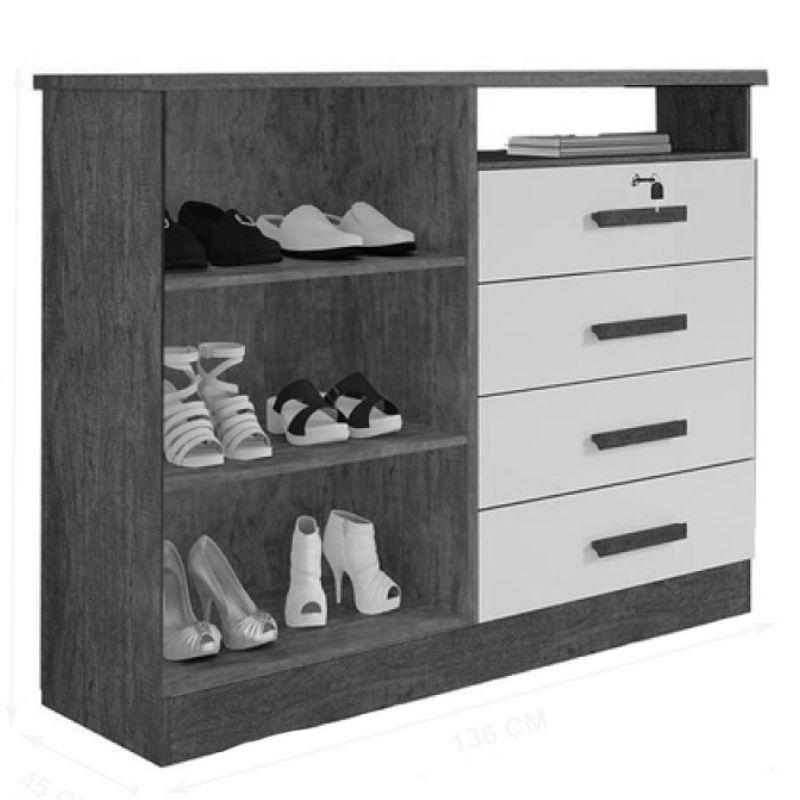 Cômoda com Chave 4 Gavetas e Sapateira New Athos D'Doro Ypê/Off